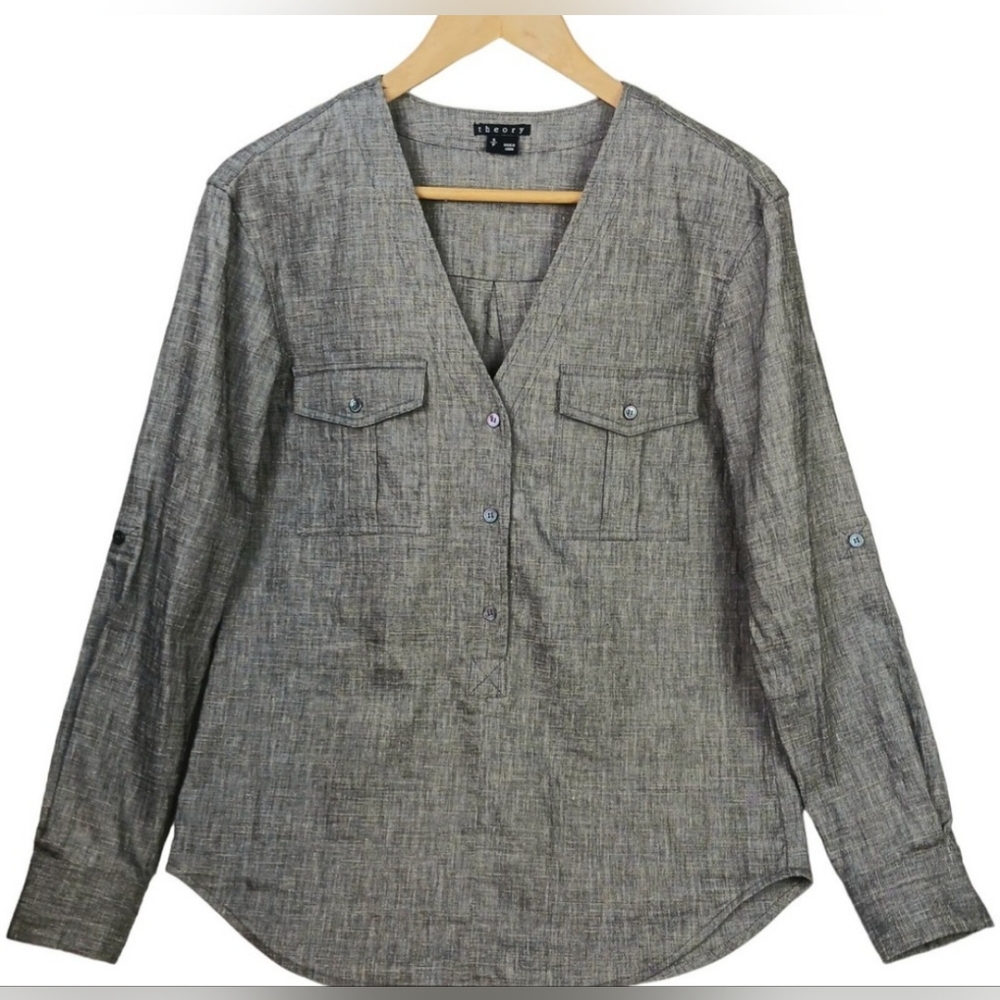 Theory Trisalta Tab-Sleeve Linen Top